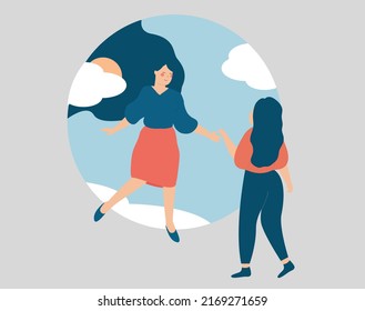 Woman Helps A Person With Stress And Anxiety To Start A New Life. Friend Assists A Girl With Depression. Caregiver Supports A Female To Get Rid Of Mental Health Disorders. Life Improvement Concept.