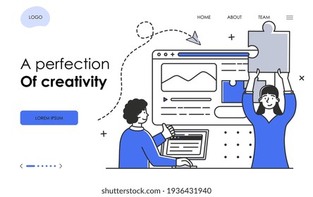 Woman helps programmer to find solution in coding. Flat abstract outline vector illustration concept. Simple line art on isolated white background. website, web page, landing page, ui template design.