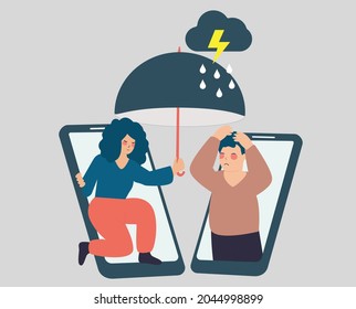 Woman helps and supports man with mental health disorders. Female calls and comforts her depressed male friend over the phone. Concept of counselling people with anxiety over social online services.