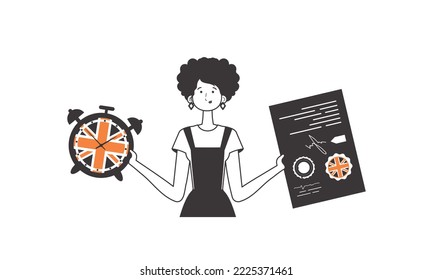 A woman helps teaches English. The concept of learning a foreign language. Linear trendy style. Isolated, vector illustration.
