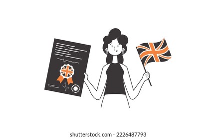 A woman helps teaches English. The concept of learning a foreign language. Linear style. Isolated, vector illustration.