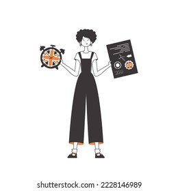 A woman helps teaches English. The concept of learning a foreign language. Linear trendy style. Isolated, vector illustration.