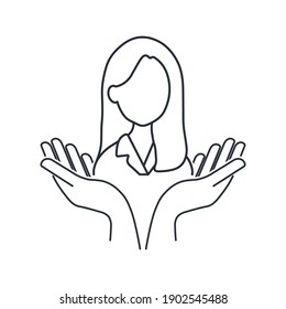 A woman in her arms. Support and care for a woman. Vector linear icon isolated on white background.