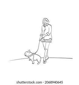 woman with her bulldog illustration vector isolated on white background line art. 