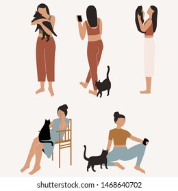 Woman with her cat. Woman dressed it trendy clothes spending time with a pet - holding a cat, sitting near it and with cat in her laps. Flat vector illustration