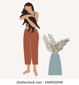 Woman with her cat. Woman dressed it trendy clothes spending time with a pet - holding a cat, near a tropical plant in a pot. Flat vector illustration