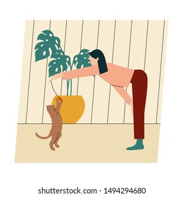 Woman with her cat. Woman dressed in trendy clothes spending time with a pet - playing with cat. Flat vector illustration