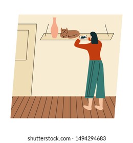 Woman with her cat. Woman dressed in trendy clothes spending time with a pet - Taking picture of cat. Flat vector illustration.