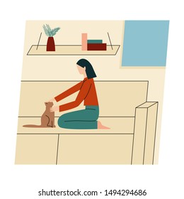 Woman with her cat. Woman dressed in trendy clothes spending time with a pet - petting cat. Flat vector illustration.