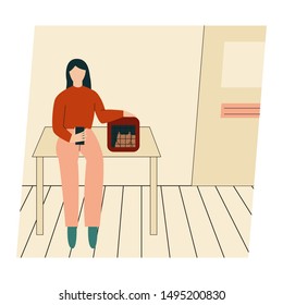 Woman with her cat. Woman dressed in trendy clothes spending time with a pet - waiting for a doctor in the veterinary clinic. Flat vector illustration