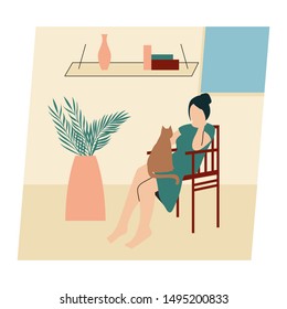Woman with her cat. Woman dressed in trendy clothes spending time with a pet - sitting with cat in laps. Flat vector illustration.