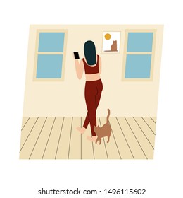 Woman with her cat. Woman dressed in trendy clothes spending time with a pet - cat asking for attention. Flat vector illustration.