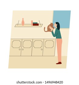 Woman with her cat. Woman dressed in trendy clothes spending time with a pet - kissing cat. Flat vector illustration.