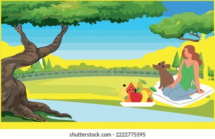 
Woman And Her Cat Having A Picnic In Nature By The Water, A Fruit Plate In Front Of Them