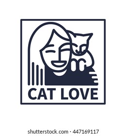 Woman and her cat. Logo design. Vector template