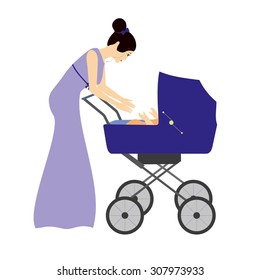 Woman with her child in a buggy. Mother with her baby. Woman with pram stroller. Vector woman with stroller baby.