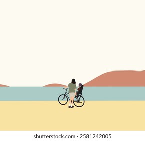 Woman with her child enjoy riding bicycle in public park with beautiful ocean and mountain view.