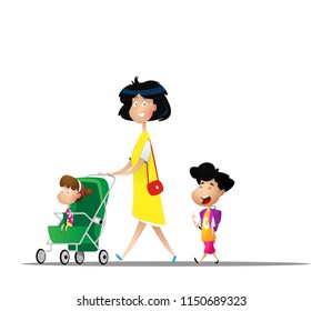 Woman with her children walk outside pushing. Cartoon vector illustration.