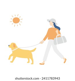 mujer y su lindo perro dan un paseo al sol. propietario de una mascota.