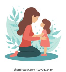 Woman with her daughter. Mothers Day. Postcard. Vector image on an isolated white background.