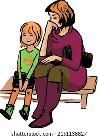 A woman and her daughter are sitting on a low bench. expectation.