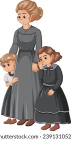 A woman and her daughters, dressed in Reconstruction-era clothing, pose with a sad-faced Marie Curie cartoon character