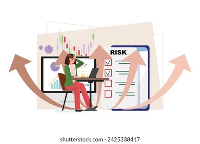 Woman at her desk, working on her laptop. Frustration, determination, decision-making process and mobile app, risk management, investment and a monitor displaying data and analysis on the background
