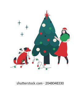 A woman and her dog decorating a Christmas tree. New Year's Eve preparations. Vector flat illustration