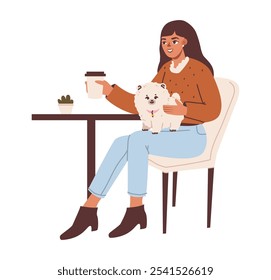 A mulher e seu cachorro estão desfrutando de relaxamento em um café acolhedor. Dona de animais com animal de estimação em uma caminhada. Ilustração plana.