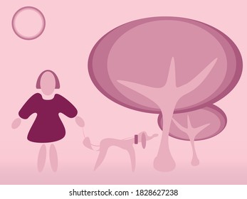 Woman with her dog in the garden.vector illustration