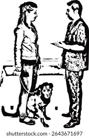 Woman with her dog having conversation with veterinarian man in his office