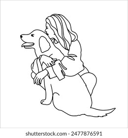 A woman with her dog. Linear art black and white illustration.