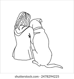 A woman with her dog. Linear art black and white illustration.