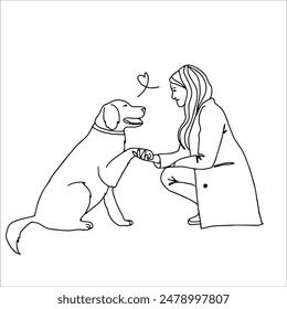 A woman with her dog. Linear art black and white illustration.