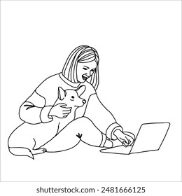 A woman with her dog. Linear art black and white illustration.