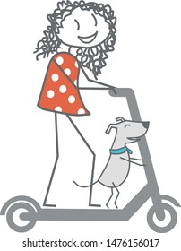 A woman and her dog are moving on the same scooter