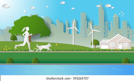 Woman and her dog are running in city parks. Paper art vector illustration