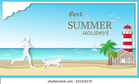 Woman and her dog are running on the beach. Paper art vector illustration