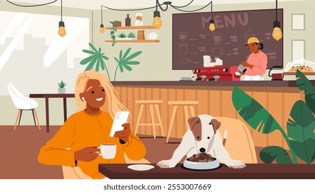 Mujer y su perro que visitan la cafetería respetuosa del animal doméstico con la Ilustración vectorial acogedora del ambiente del espacio de la ecología. Niña bebiendo café mientras el cachorro come comida seca. Snack y refresco para los huéspedes