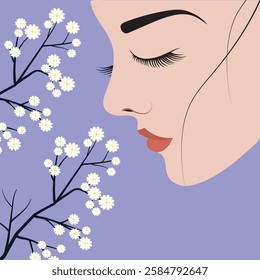  A woman with her eyes closed, gently inhaling the fragrance of delicate white flowers. The soft lavender background adds a calming effect, emphasizing peace, relaxation, and connection with nature.