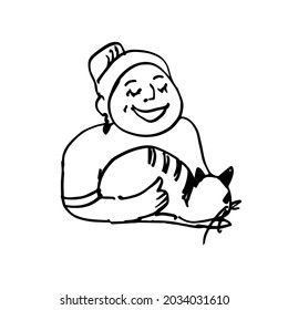 A woman with her favorite cat. A hand-drawn character. Sketch. Vector doodle illustration