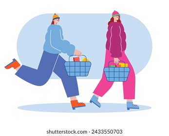 Woman and her friend shop for groceries and snacks at the supermarket wearing thick jackets is winter. Character design. Vector flat illustration