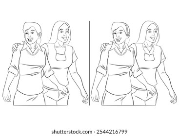 Una mujer y su amiga están despertando. Usted puede encontrar cualquier diferencia en estas dos imágenes. La ilustración en blanco y negro y formato de Vector.