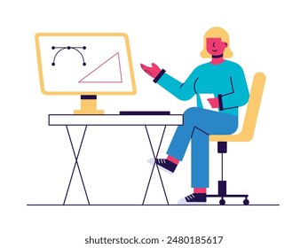 The woman in her graphic design workspace, sitting in a chair in front of the computer. Character design. Vector flat illustration