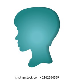 A Woman With Her Hair Pulled Back. Paper Cut Style. Face Silhouette. Colored Turquoise Profile Portrait Of A Female Character. Origami Silhouette. Art Illustration Of Craft Paper Cut Design.