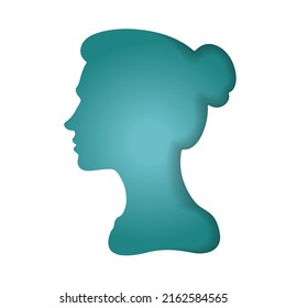 A woman with her hair pulled back. Paper cut style. Face silhouette. Colored turquoise profile portrait of a female character. Origami silhouette. Art illustration of craft paper cut design.