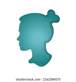 A woman with her hair pulled back. Paper cut style. Face silhouette. Colored turquoise profile portrait of a female character. Origami silhouette. Art illustration of craft paper cut design.