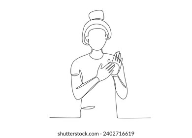 A woman with her hair tied up applauded. Applause one-line drawing