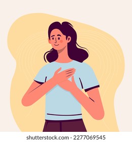 A woman with her hands on her chest. A grateful gesture. Happy calm peaceful girl volunteer. Happiness, Kind heart, harmony, woman loving herself, feeling positive emotion. Vector illustration