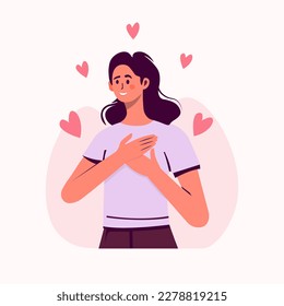 A woman with her hands on her chest. A grateful gesture. Happy calm peaceful girl volunteer. Happiness, Kind heart, harmony, woman loving herself, feeling positive emotion. Vector illustration